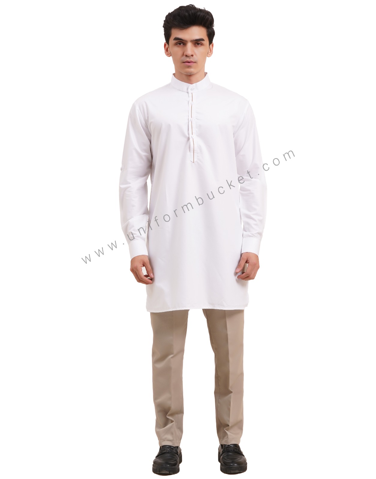 WHITE MALE LONG KURTI WITH BEIGE PIPING ON PLACKET thumbnail 3